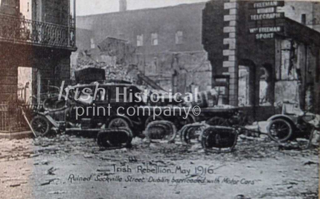 Ruined Sackvilee Street Dublin Barricaded with Motor Cars