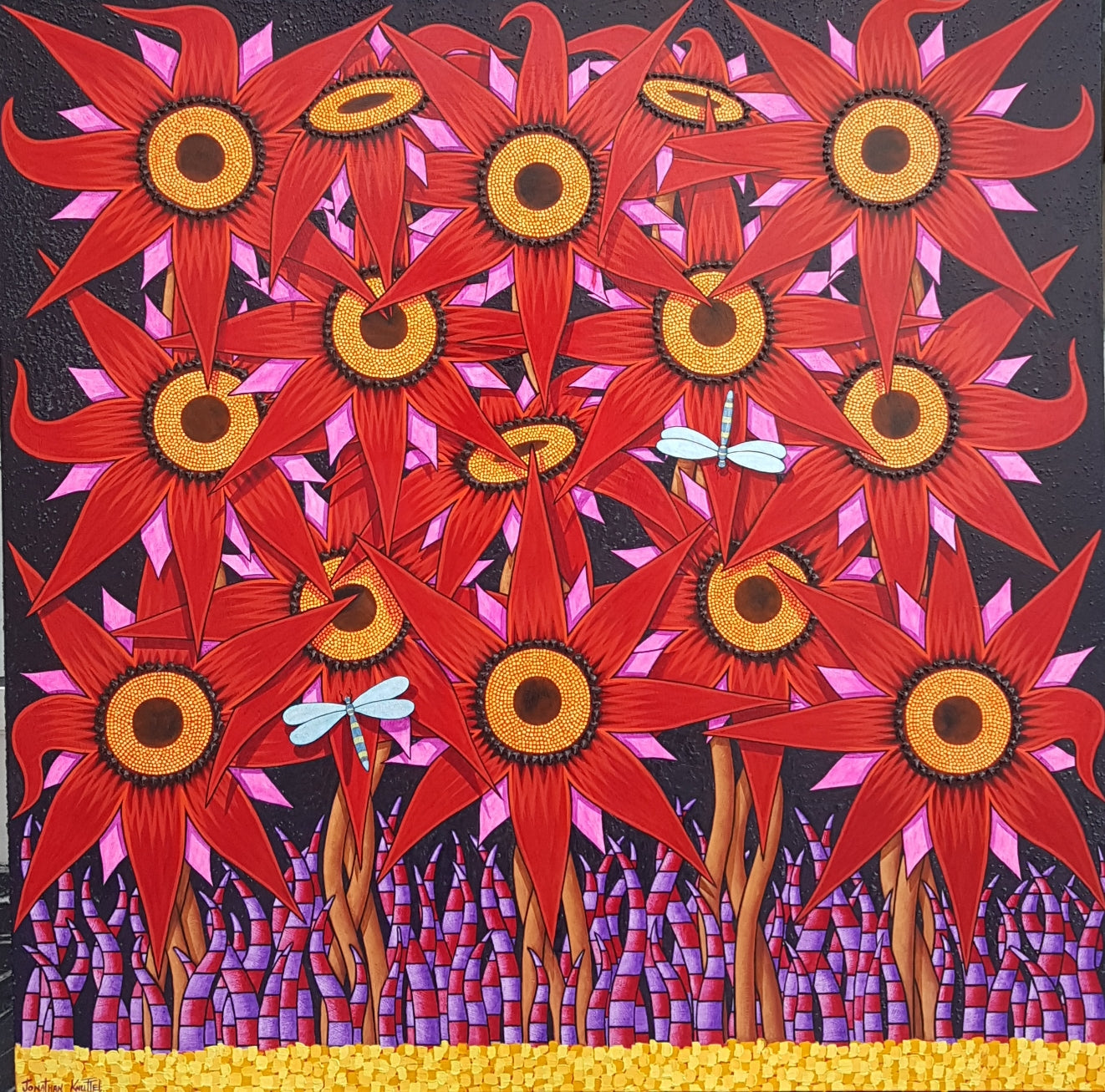 Red Sunflowers With Dragonflies