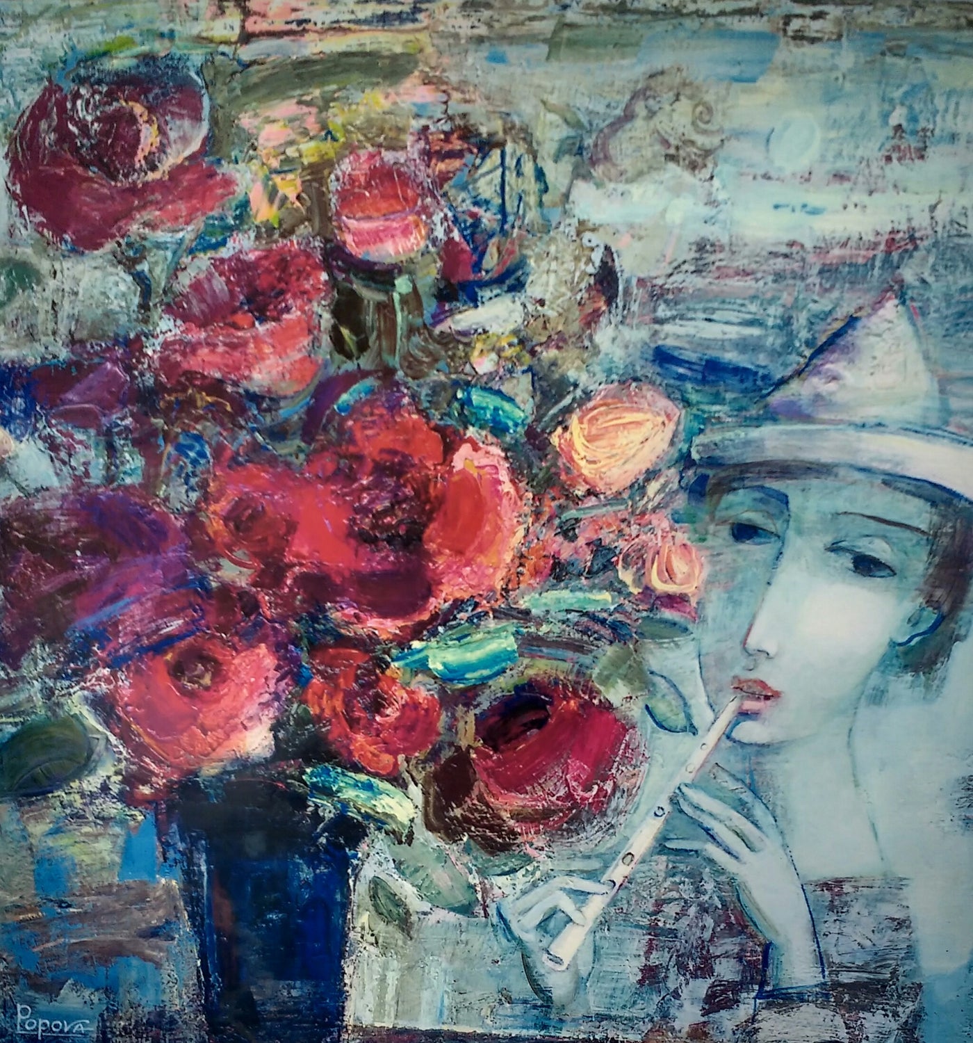 Blue Music And Flowers by Oksana Popova - Green Gallery