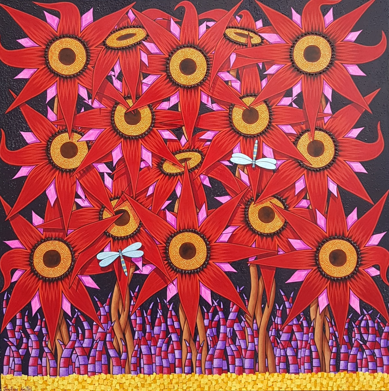Red Sunflowers With Dragonflies
